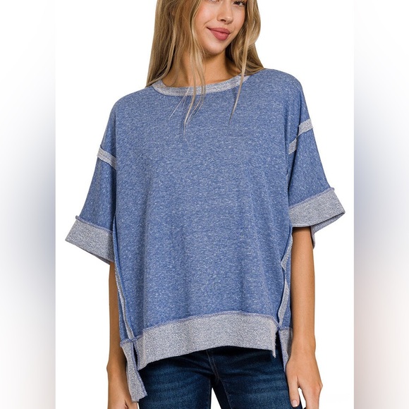 Zenana Outfitters Tops - NEW! Zenana Contrast Trim Top-Stitching Drop Shoulder Light Navy Boutique Top S